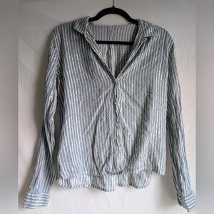 Coastal Blue Gold Metallic Stripe Blouse Relaxed